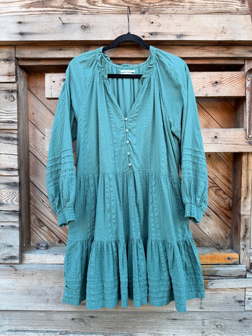 Anthropologie Teal Tiered Long-Sleeve Button-Front Dress